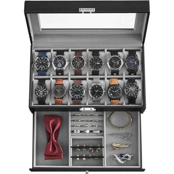 12-Slot Watch Box, Lockable Watch Case with Glass Lid, 2 Layers - Picture 1 of 7